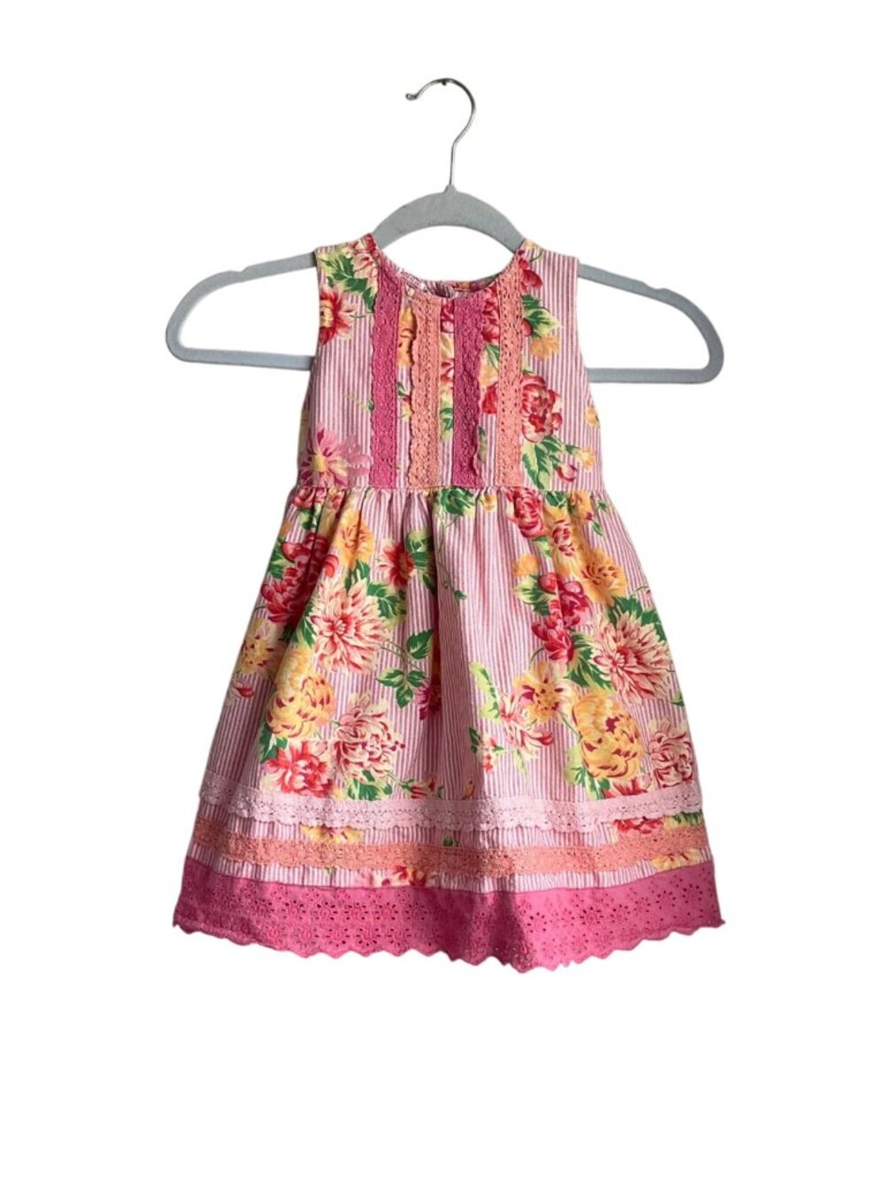 April Cornell Girls Size 2 Floral Cotton Dress Pink Crochet Lace Trim